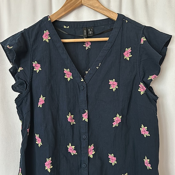 Vero Moda Navy Blue Floral Cap Short Sleeve Cotton Shirt Top **Size L** 🌸🌸 - Picture 3 of 4